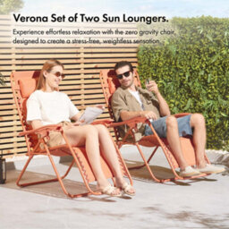 Vonhaus Zero Gravity Chairs Set Of 2, Orange Reclining Sun Loungers For Garden, Textilene Folding Garden Chairs - thumbnail 2
