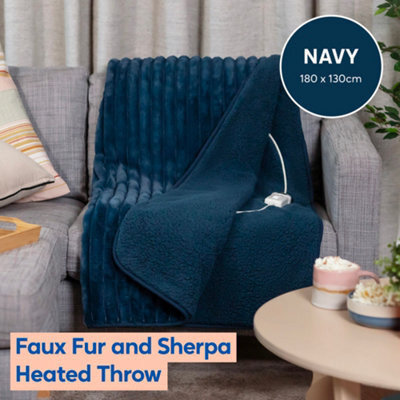 Russell Hobbs Electric Blanket Blue Heated Throw Faux Fur Sherpa