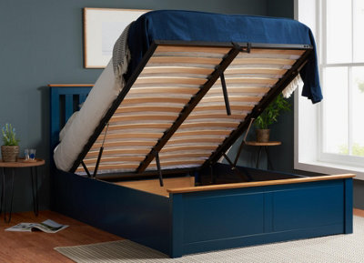 Save On Goods UK 4Ft Small Double Navy Blue Wood Wooden Ottoman Gas Lift Up Storage Bed Frame Bedstead - image 1