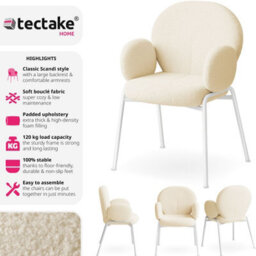 Tectake Set Of 4 Dining Chair - Bouclé Cover, Plush Padding, High Backrest  - Cream - thumbnail 2