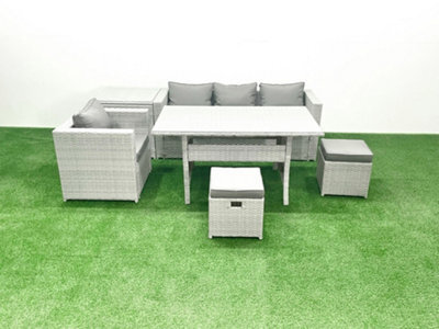 Fimous Rattan Garden Furniture Dining Set 6 Seater Lounge Sofa Chair Dining Table Set 2 Small Stools Side Table Light Grey - image 1