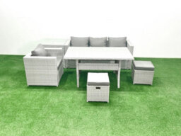 Fimous Rattan Garden Furniture Dining Set 6 Seater Lounge Sofa Chair Dining Table Set 2 Small Stools Side Table Light Grey - thumbnail 2