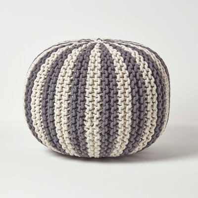 Homescapes Off White And Grey Knitted Pouffe Striped Footstool 40 X 50 Cm - image 1