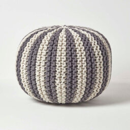 Homescapes Off White And Grey Knitted Pouffe Striped Footstool 40 X 50 Cm - thumbnail 1