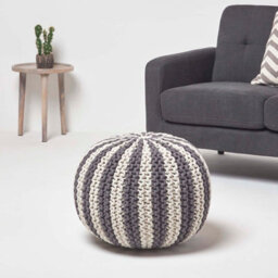 Homescapes Off White And Grey Knitted Pouffe Striped Footstool 40 X 50 Cm - thumbnail 2