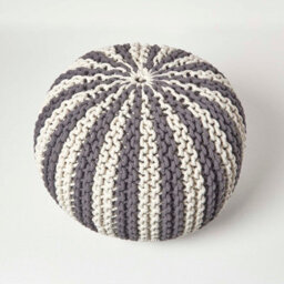 Homescapes Off White And Grey Knitted Pouffe Striped Footstool 40 X 50 Cm - thumbnail 3