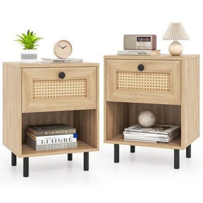 Set Of 2 Rattan Nightstand Boho Style Bedside Table With Drawer - image 1