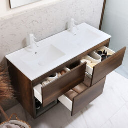 Homestylestore Dark Oak 1212mm Wall Hung Bathroom Vanity Unit Led Lit Open Shelf And Chalk Basin - thumbnail 2