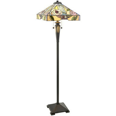 1.5M Tiffany Twin Floor Lamp Dark Bronze & Stained Glass Roses Shade I00029 - image 1