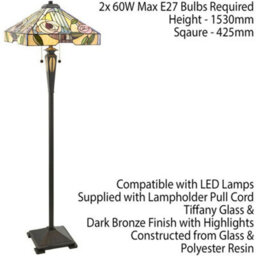 1.5M Tiffany Twin Floor Lamp Dark Bronze & Stained Glass Roses Shade I00029 - thumbnail 2