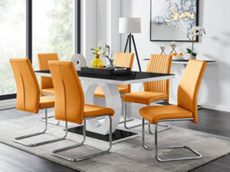 Furniturebox Giovani Rectangular 6 Seat White High Gloss Halo Structural Dining Table Black Glass Top 6 Mustard Faux Leather Lorenzo Chairs