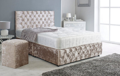 Adore Designs Chesterfield Crushed Velvet Divan Bed, Ortho Mattress, Footboard & Square Stool - 4Ft6 Double - Champagne - 2 Drawers Left Side - image 1