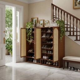 Modern Shoe Storage Cabinet 4 Doors Footwear Stand Shelves Rack Cupboard Brown - thumbnail 1