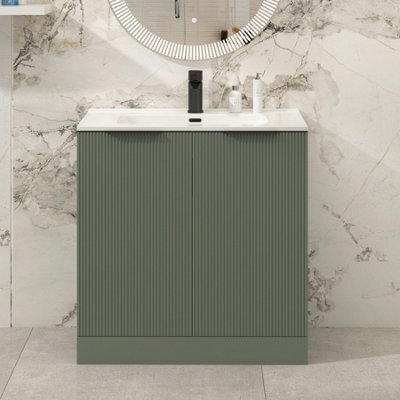 Royal Bathrooms Evora 800mm Sage Green Fluted Floor Standing Bathroom Vanity Unit 2 Door Cabinet Storage With Ceramic Basin & Matt Black Handles - image 1