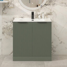 Royal Bathrooms Evora 800mm Sage Green Fluted Floor Standing Bathroom Vanity Unit 2 Door Cabinet Storage With Ceramic Basin & Matt Black Handles - thumbnail 1