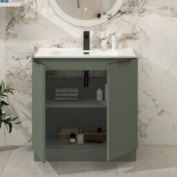Royal Bathrooms Evora 800mm Sage Green Fluted Floor Standing Bathroom Vanity Unit 2 Door Cabinet Storage With Ceramic Basin & Matt Black Handles - thumbnail 3