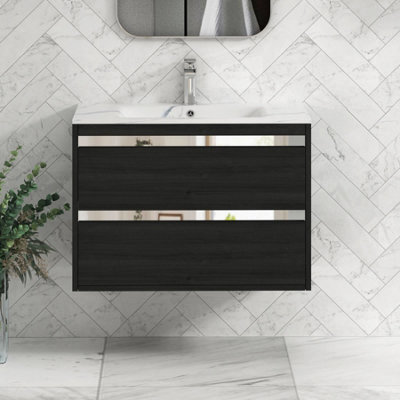 Royal Bathrooms Orion 800mm Wall Hung Bathroom Vanity Unit 2 Drawer Hale Black With Carrara White Basin & Chrome Accent Trim - image 1