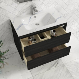 Royal Bathrooms Orion 800mm Wall Hung Bathroom Vanity Unit 2 Drawer Hale Black With Carrara White Basin & Chrome Accent Trim - thumbnail 5