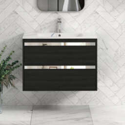 Royal Bathrooms Orion 800mm Wall Hung Bathroom Vanity Unit 2 Drawer Hale Black With Carrara White Basin & Chrome Accent Trim