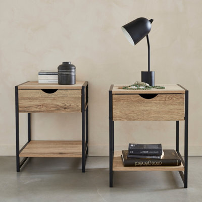 Sweeek - Pair Of Bedside Tables With Metal And Wood-Effect Loft Natural 40X40X50 Cm - image 1