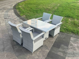 Fimous Light Grey Rattan Outdoor Garden Furniture Set Height Adjustable Rising Lifting Table And 4 Chairs Set With Seat Cushion - thumbnail 2