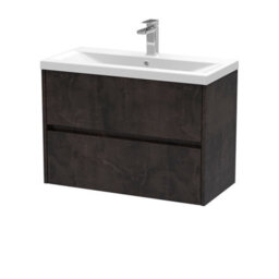 Nuie Havana Wall Hung 2 Drawer Vanity Basin Unit & Mid-Edge Ceramic Basin, Modern Sink Vanity Unit In Metallic Slate With White