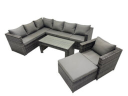 Fimous 5 Pieces Outdoor Pe Rattan Garden Furniture Corner Sofa Oblong Coffee Table Set With Cushions Big Footstool - thumbnail 1