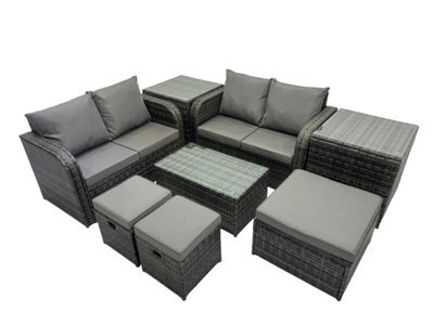 Fimous Outdoor Love Sofa Coffee Table Set Garden Rattan Furniture Set 7 Seater With 3 Stools 2 Side Tables Dark Grey - image 1
