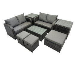 Fimous Outdoor Love Sofa Coffee Table Set Garden Rattan Furniture Set 7 Seater With 3 Stools 2 Side Tables Dark Grey - thumbnail 1