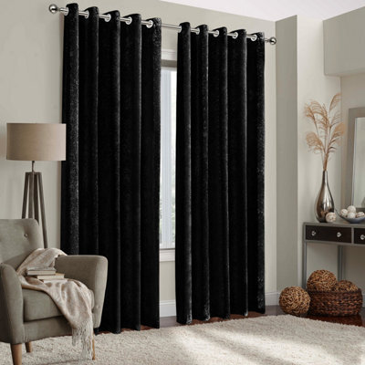 Aspire Homeware Black Velvet Curtain Room Darkening Blackout Eyelet Curtain Pair (W)168Cm X (D)183Cm With Tie Back Pair