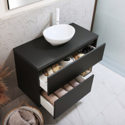 Homestylestore Black Grey 1000mm Led Lit Wall Hung Bathroom Vanity Unit With Oval Chalk Countertop Basin - thumbnail 2