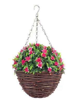 Best Artificial 28Cm Pink Lily Flower Rattan Wicker Hanging  Basket For Indoor Or Outdoor Use - image 1