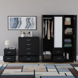 Lassic Vida Designs Riano 3 Piece Bedroom Set (2 Drawer Bedside Chest, 5 Drawer Chest, 3 Door 2 Drawer Mirrored Wardrobe), Black - thumbnail 2
