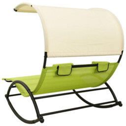 Vidaxl Double Sun Lounger With Canopy Textilene Green And Cream - thumbnail 4