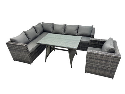 Fimous 7-Seater Outdoor Pe Rattan Sofa Set With Dining Table Patio Garden Furniture Sets With Chair Dark Grey Mixed - image 1