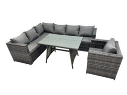 Fimous 7-Seater Outdoor Pe Rattan Sofa Set With Dining Table Patio Garden Furniture Sets With Chair Dark Grey Mixed - thumbnail 1