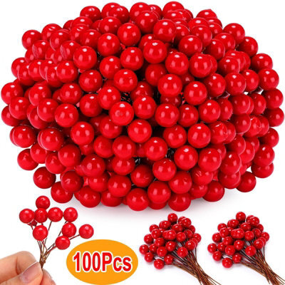 Amorly 100 Pack Artificial Holly Berries, 10mm Mini Fake Berries With Stem, Berry Picks For Christmas Tree, Winter Holiday & Home Decor - image 1