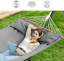 Songmics Outdoor Hammock With Wooden Spreaders And Two Pillows, Relaxing Swing Bed For Garden Use, Grey (Stand Not Included) - thumbnail 7