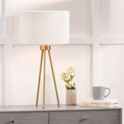 Pacific Lifestyle Brass Metal Tripod Table Lamp With Cream Velvet Shade