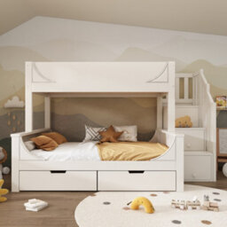 Matteo White Solid Wood Bunk Bed For Kids With Staircase Storage & Drawers - Double (135X190) & Single (90X190) Beds - thumbnail 8
