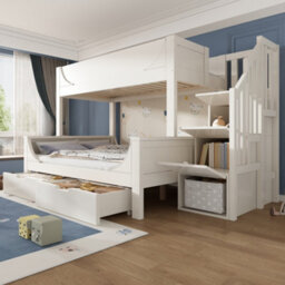 Matteo White Solid Wood Bunk Bed For Kids With Staircase Storage & Drawers - Double (135X190) & Single (90X190) Beds - thumbnail 1