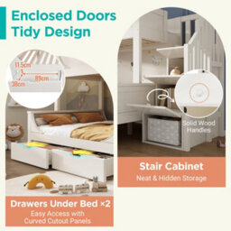 Matteo White Solid Wood Bunk Bed For Kids With Staircase Storage & Drawers - Double (135X190) & Single (90X190) Beds - thumbnail 3