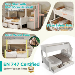 Matteo White Solid Wood Bunk Bed For Kids With Staircase Storage & Drawers - Double (135X190) & Single (90X190) Beds - thumbnail 4