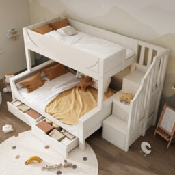 Matteo White Solid Wood Bunk Bed For Kids With Staircase Storage & Drawers - Double (135X190) & Single (90X190) Beds - thumbnail 7