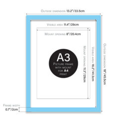 A3 Light Blue Picture Frame With Mount For A4 (21 X 29.7Cm -8.3 X 11.7In) Poster, Photo, Artwork, Or Print. - thumbnail 2