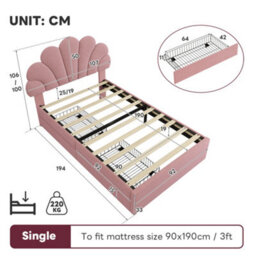 Btm 3Ft Single Bed Frame Velvet Upholstered With Petal Headboard 2 Drawers Solid Wood Slats Pink Easy Assembly No Mattress - thumbnail 8