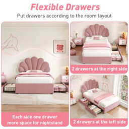 Btm 3Ft Single Bed Frame Velvet Upholstered With Petal Headboard 2 Drawers Solid Wood Slats Pink Easy Assembly No Mattress - thumbnail 5