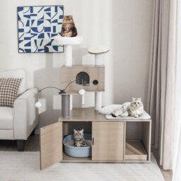 Costway 2-In-1 Cat Tower Cat Tree Litter Box Enclosure W/ Cat Condo & Scratching Board - thumbnail 4