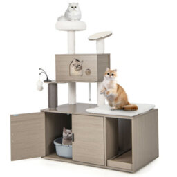 Costway 2-In-1 Cat Tower Cat Tree Litter Box Enclosure W/ Cat Condo & Scratching Board - thumbnail 2