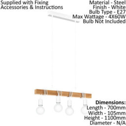 Stylish White And Wood Hanging Pendant Light For Kitchen Island With 4 E27 Bulb Sockets - thumbnail 2